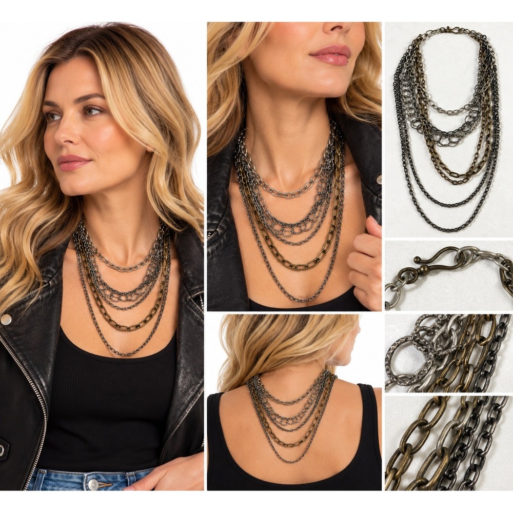 Mixed Metal Layered Chain Necklace Womens Grunge Goth Industrial Statement Boho